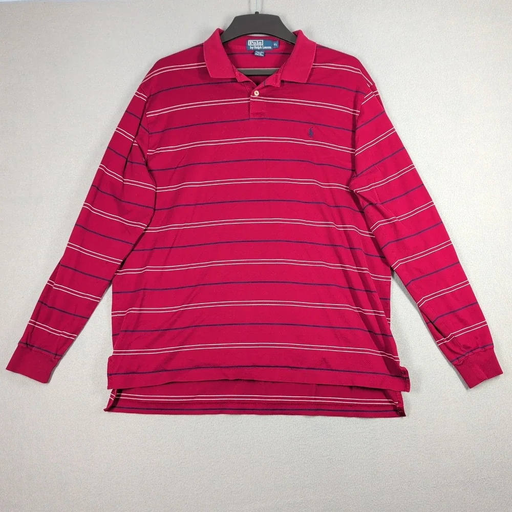 Polo‎ Ralph Lauren Polo Shirt Mens XL Red Striped Pima Cotton Long Sleeve Casual